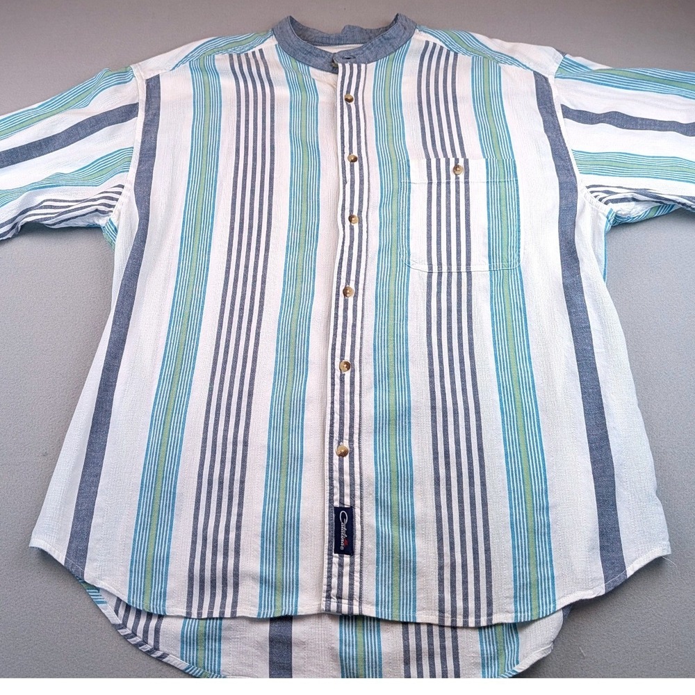Catalina Mens Large Striped Cotton Short Sleeve Banded Collar Button Up Shirt